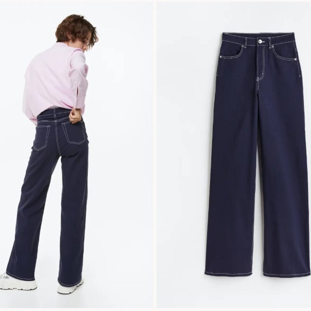 COPY - Straight Wide-leg Twill Dark Blue Pants - H&M